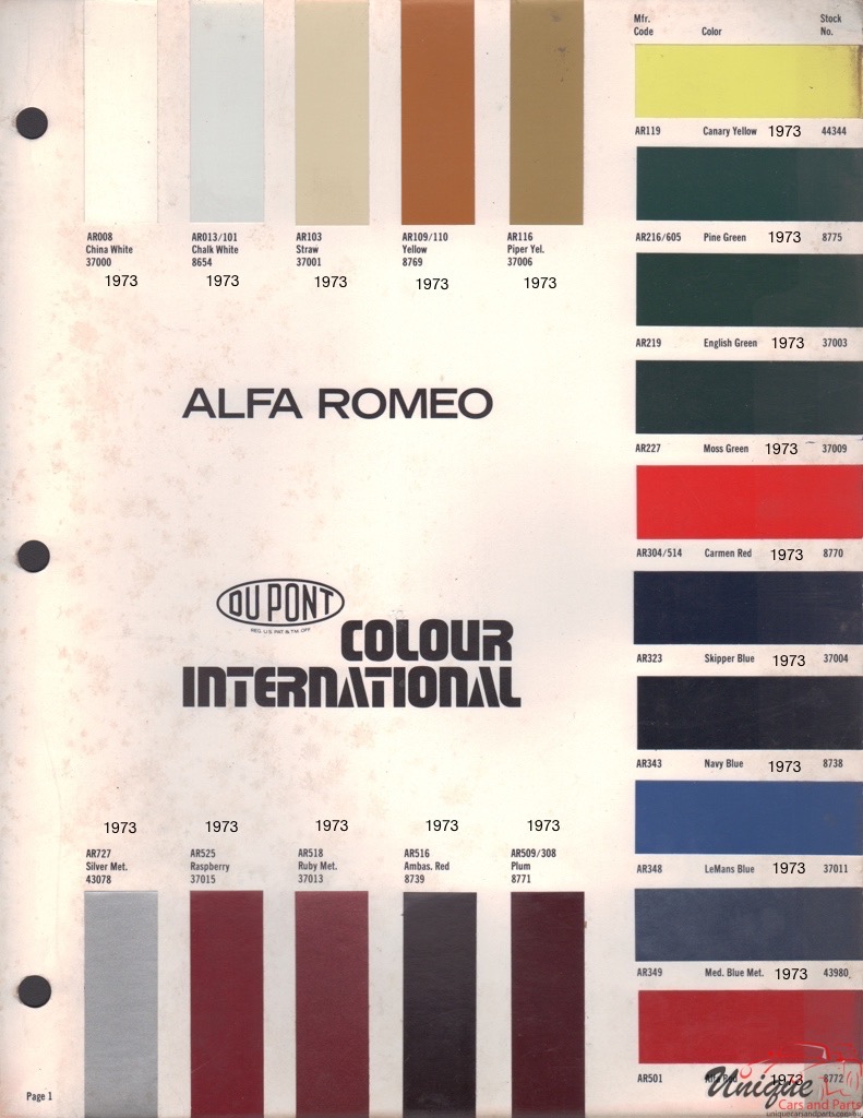 1973 Alfa-Romeo International DuPont 1 Paint Charts